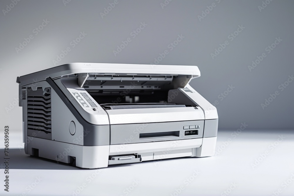 Obraz premium A white printer sitting on top of a table. Can be used for office or home decor
