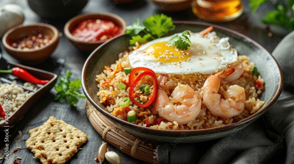 fried rice with fried egg, chili, shrimp, kerupuk crackers in plate on wooden background