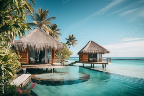 Photo of a tropical island getaway with beachfront huts. Generative AI © Aditya