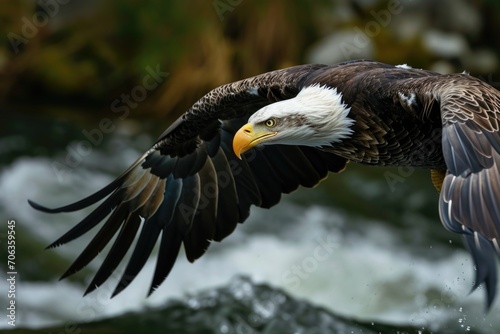 A majestic bald eagle soaring through the sky above a serene river. Perfect for nature and wildlife enthusiasts.