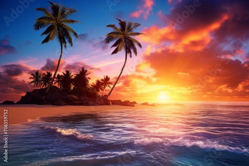 Photo of a tropical island sunset on a sandy beach. Generative AI