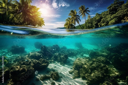 Photo of a tropical paradise with crystal-clear waters. Generative AI © Aditya