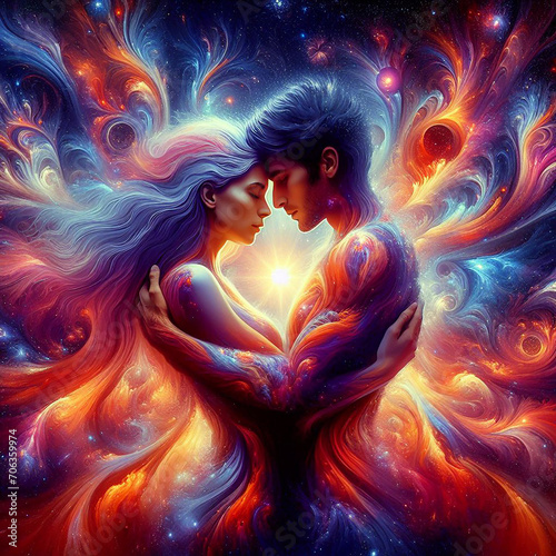 Twin flame couple. Soulmates. The concept of magical, esoteric, tantric, spiritual love. Connection between souls. Illustration for websites and much more. Created using generative ai tools.