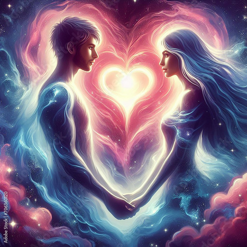 Twin flame couple. Soulmates. The concept of magical, esoteric, tantric, spiritual love. Connection between souls. Illustration for websites and much more. Created using generative ai tools.