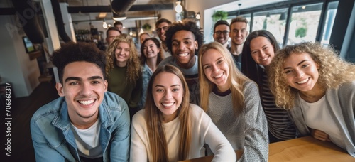 Diverse group of smiling friends gathering in cafe. Social connection and friendship.