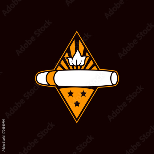 Cigar badge on isolated black background. Tobacco leaf and cigar emblem in modern style. Premium quality cigar emblem. (ID: 706360904)
