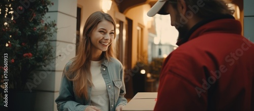 Postman delivers package - Young woman receives online purchase - Customer smiles at courier