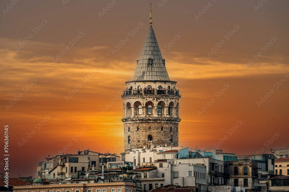 Galata (Kulesi) tower, a historical building with a view of Karaköy in the Beyoğlu district of istanbul. Sunset view