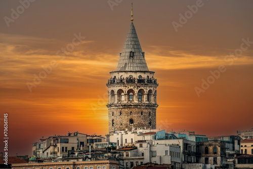 Galata (Kulesi) tower, a historical building with a view of Karaköy in the Beyoğlu district of istanbul. Sunset view photo