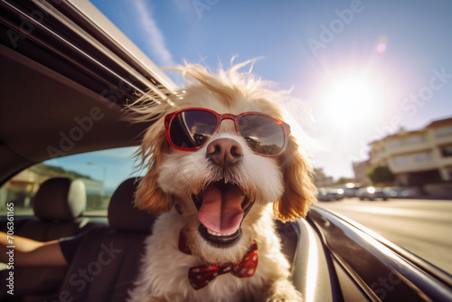 Funny dog traveling by car. AI generated.