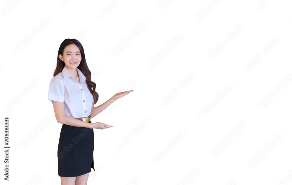 Portrait of adult Thai student. Beautiful Asian young woman student in uniform is smiling and looking at camera to present something confidently in university while isolated white background. Portrait of adult Thai student. Beautiful Asian young woman student in uniform is smiling and looking at camera to present something confidently in university while isolated white background.