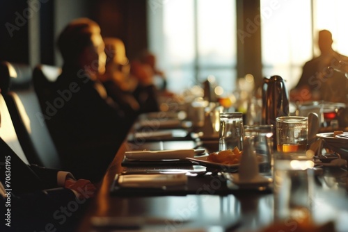A group of people sitting at a long table. Ideal for business meetings, conferences, or social gatherings