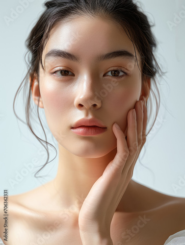 Portrait of young asian beauty woman with perfect smooth skin isolated on white background , skincare and cosmetics of natural beauty concept