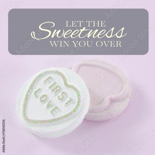 Composite of let the sweetness win you over text and cookies on lilac background