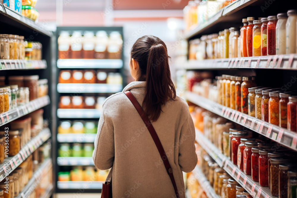 Woman selecting products in the preserves aisle of a well-lit supermarket.