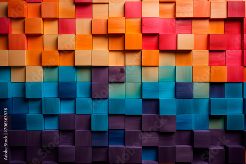 Artistic wall of wooden cubes in a gradient from warm to cool colors.