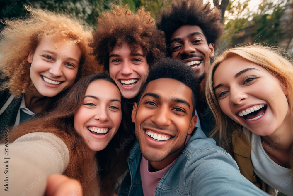 Diverse group of smiling friends taking a selfie in an autumn park.