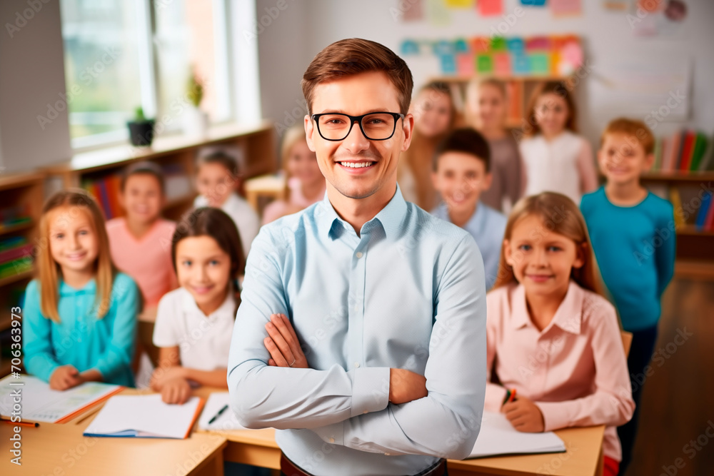 Smiling teacher with crossed arms in front of a classroom full of students. Smiling teacher with crossed arms in front of a classroom full of students.