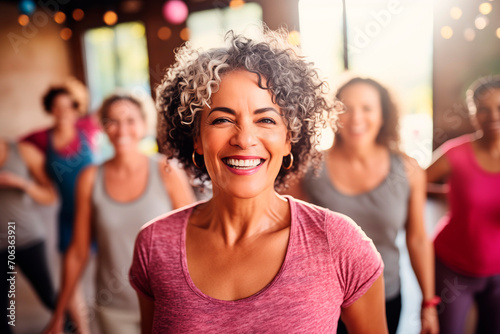 Active  smiling group of seniors enjoying an exercise class together  radiating vitality.