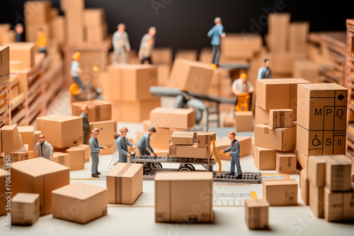 Miniature model of a logistics warehouse with workers and boxes.