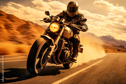 Motorcyclist at high speed on a desert road, conveying motion and a sense of freedom. © EricMiguel