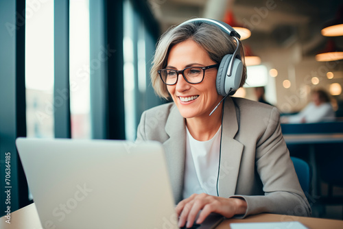 Professional customer service representative smiling in an office, wearing a headset.