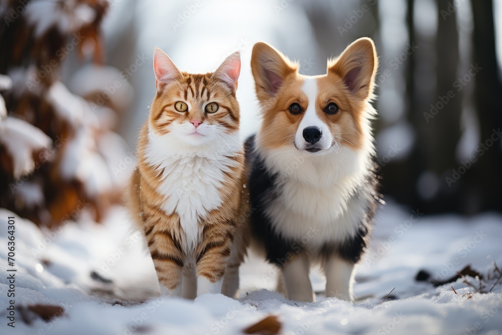 funny friends a corgi dog and a striped cat run through the white snow in the winter garden funny friends a corgi dog and a striped cat run through the white snow in the winter garden