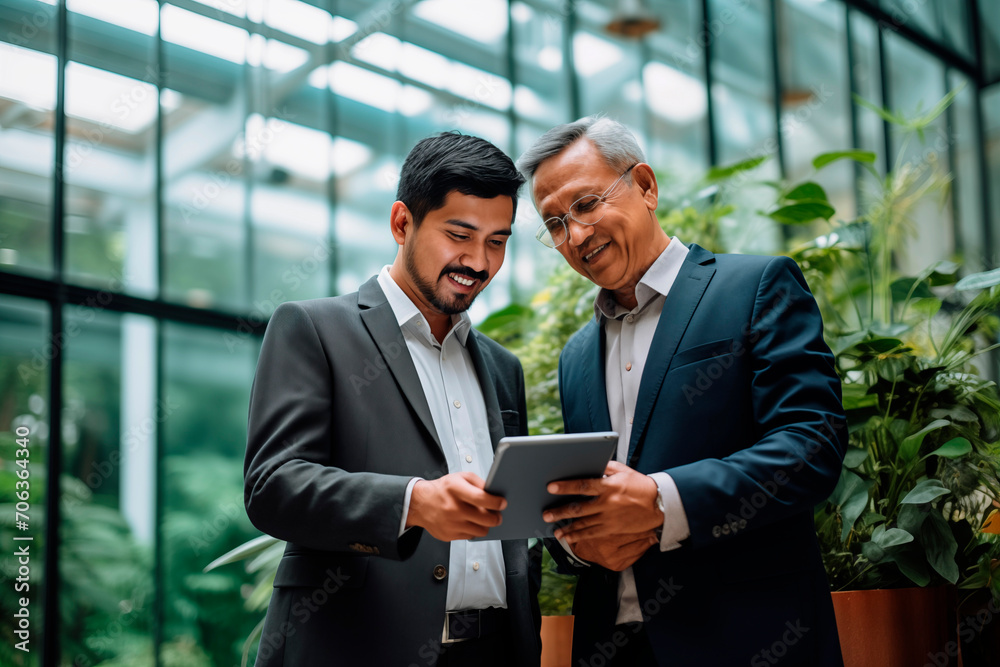 Two business executives collaborating with a tablet in an office setting with plants.