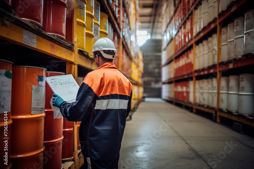Warehouse worker checking inventory and logistics in safety uniform.