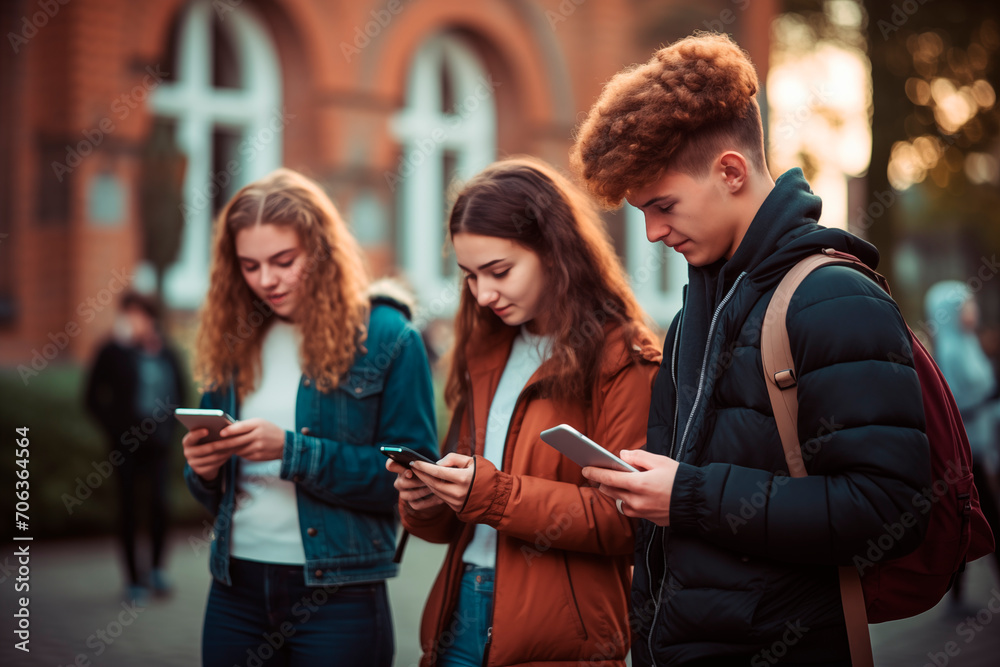 Obraz premium Group of youth focused on smartphones on the street, symbolizing urban connectivity.