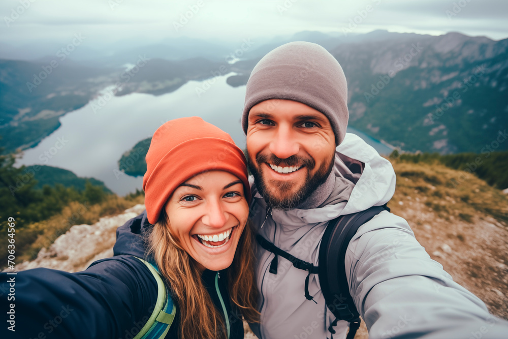 Happy couple taking a selfie on a mountain with a lake in the background, reflecting a spirit of adventure and discovery.