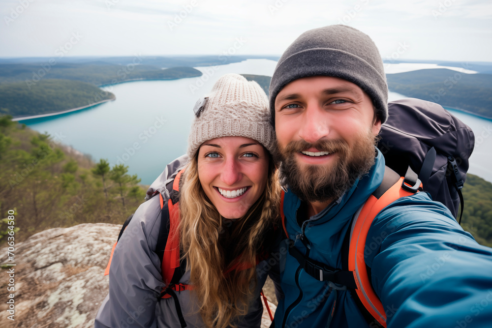 Happy couple taking a selfie on a mountain with a lake in the background, reflecting a spirit of adventure and discovery. Happy couple taking a selfie on a mountain with a lake in the background, reflecting a spirit of adventure and discovery.