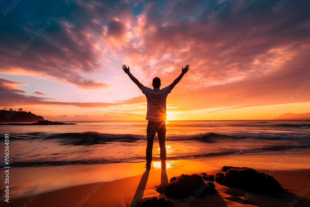Man with open arms facing a vibrant sunset on the beach, symbolizing freedom and peace.