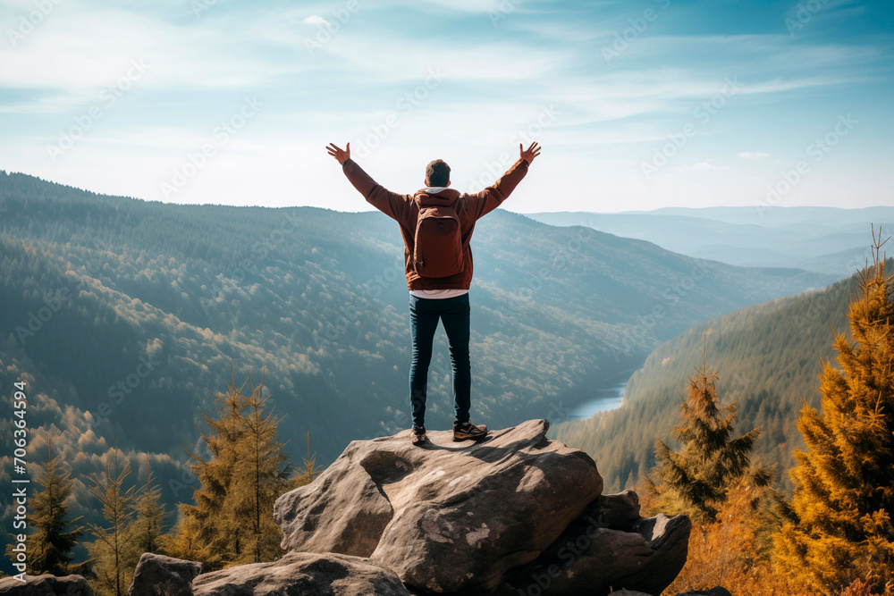 Man on mountain summit spreading his arms, enjoying the freedom and vast autumnal landscape. Man on mountain summit spreading his arms, enjoying the freedom and vast autumnal landscape.