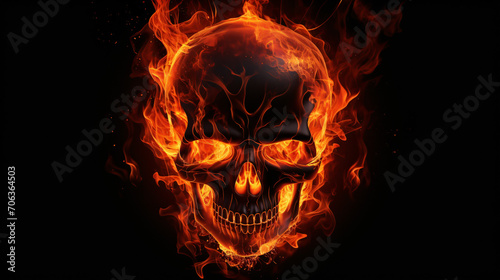 Fiery Human Skull on black background.
