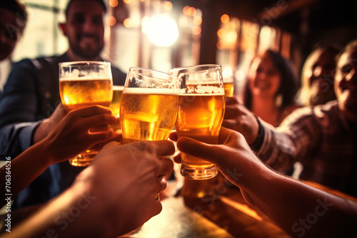 A group of friends toasting with beers in a cozy pub setting  enjoying each other s company.