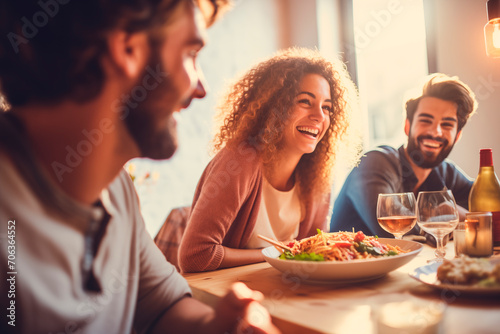 Friends laughing and enjoying a meal together in a cozy restaurant  with wine and delicious food.