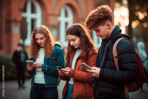 Group of youth focused on smartphones on the street, symbolizing urban connectivity.