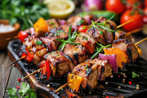 A skewer of shashlik, Russian-style grilled meat, served with colorful vegetables