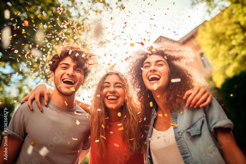 A group of friends celebrating outdoors with confetti, sharing a moment of joy and laughter.