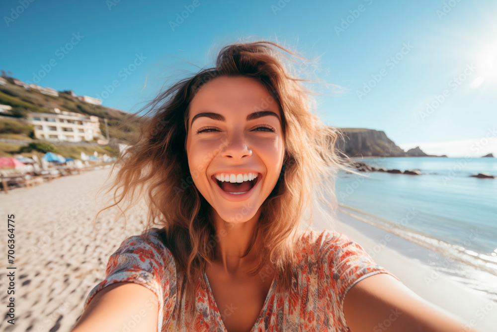 Radiant woman taking a selfie on the beach with sunglasses, reflecting her happiness on a perfect summer day.