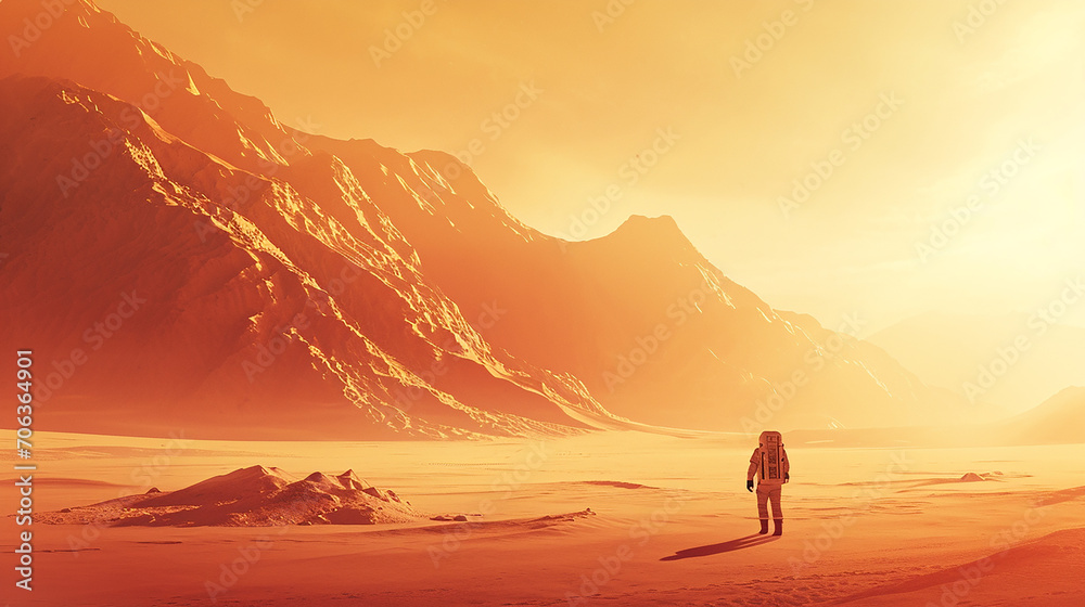 Astronaut man walks in the desert with mountains in Mars. Journey to the red planet. Landscape of the red planet Mars. Made with generative ai