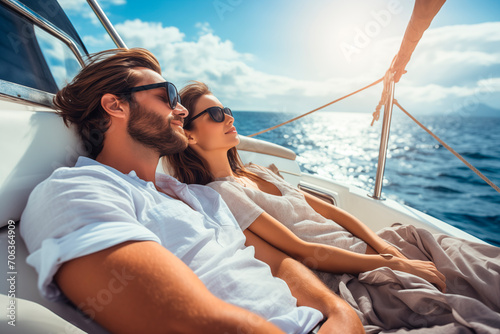 Relaxed couple enjoying a serene moment together on a yacht, with the sea in the background. © EricMiguel