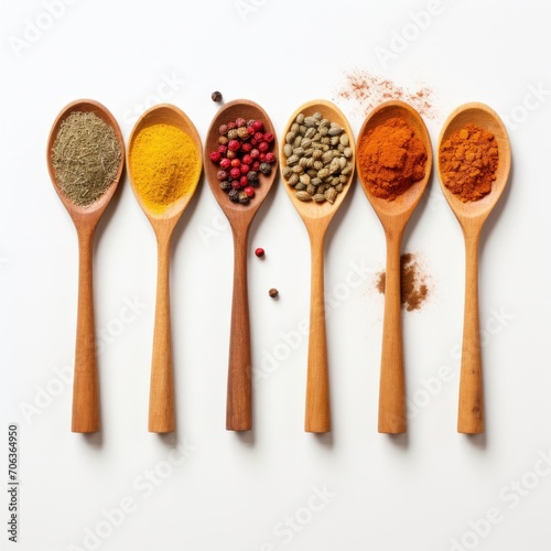 Variety kinds of dry organic in spoons on white background