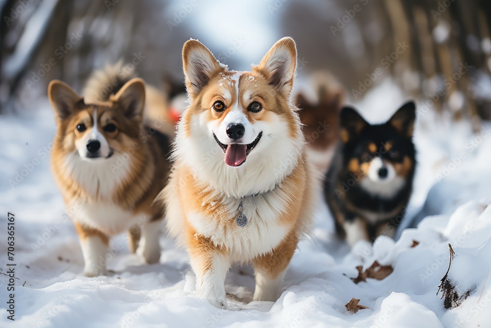 funny friends corgi dogs run through the white snow in the winter garden funny friends corgi dogs run through the white snow in the winter garden