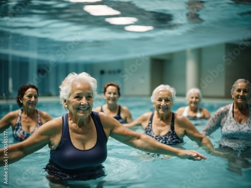 Active senior women enjoying aqua fit class in a pool. Generative AI © sunil