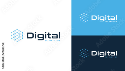 Modern Initial Letter D with Dotted Digital Wire Line Hexagon For Modern Network Technology Logo Design
