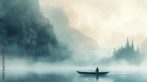 Boy rowing a boat in the sea