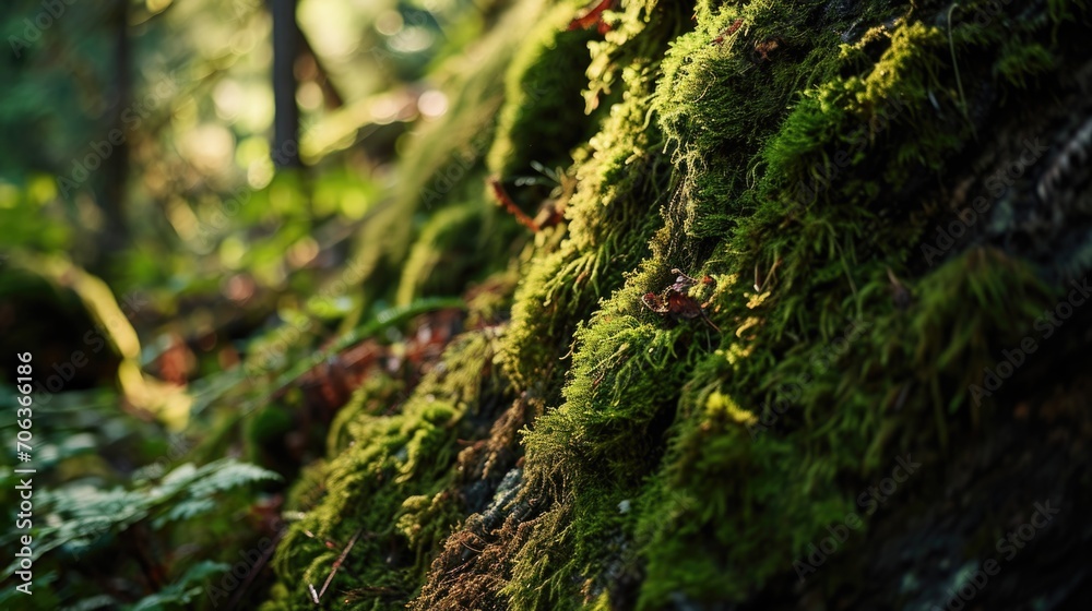 A picture of a moss-covered tree trunk in a serene forest. Can be used to create a calming and natural atmosphere in designs A picture of a moss-covered tree trunk in a serene forest. Can be used to create a calming and natural atmosphere in designs