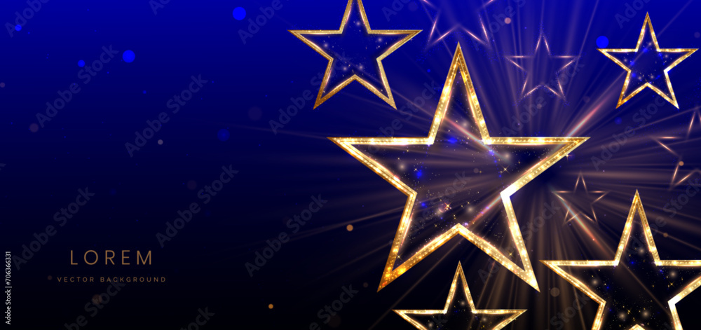 Golden star with golden on dark blue background with lighting effect and sparkle.